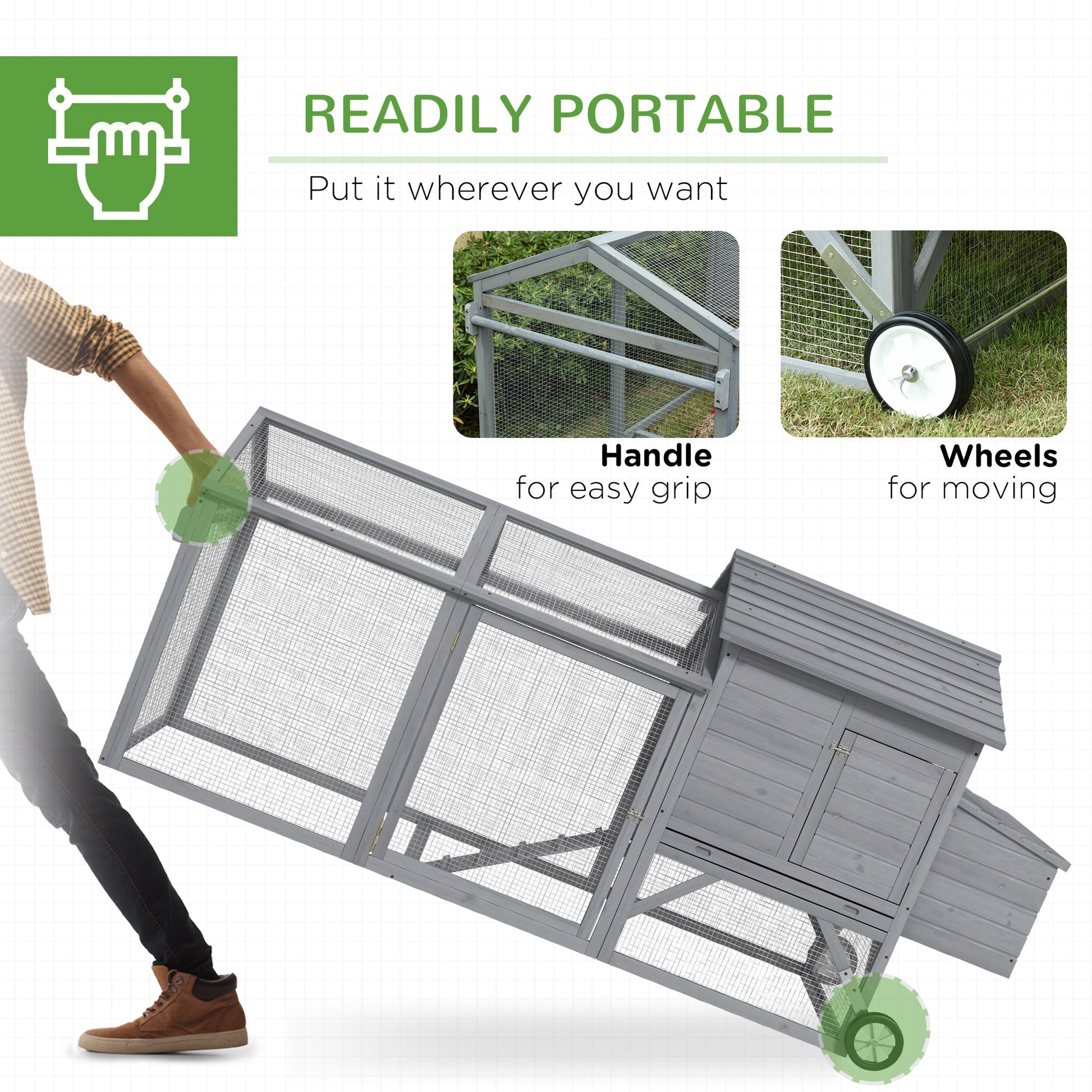 HKM-1702845 Portable 96.5" Wooden Chicken Coop with Nesting Box and Wheels for Outdoor Use, Gray