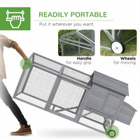 HKM-1702845 Portable 96.5" Wooden Chicken Coop with Nesting Box and Wheels for Outdoor Use, Gray
