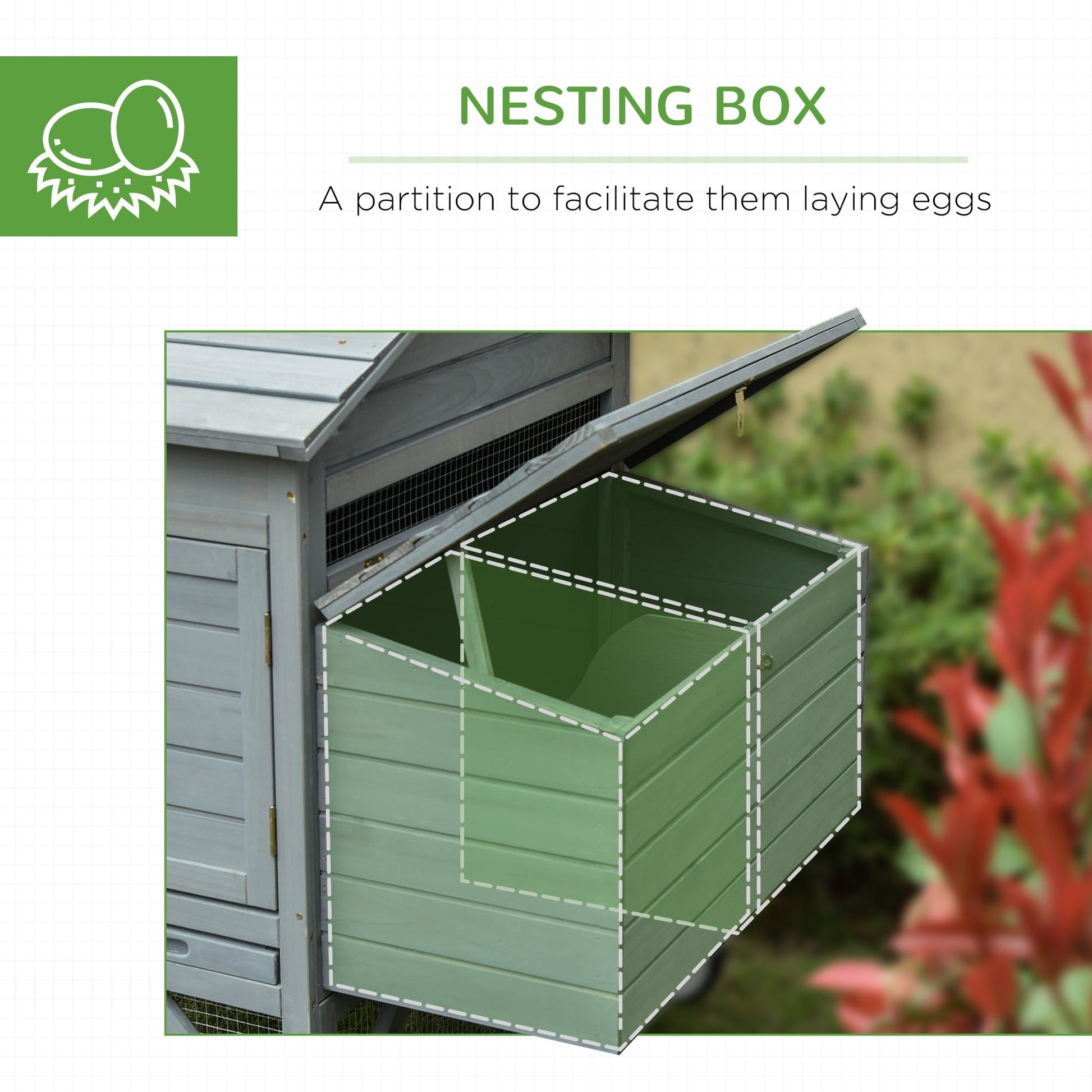 HKM-1702845 Portable 96.5" Wooden Chicken Coop with Nesting Box and Wheels for Outdoor Use, Gray