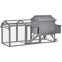 HKM-1702845 Portable 96.5" Wooden Chicken Coop with Nesting Box and Wheels for Outdoor Use, Gray