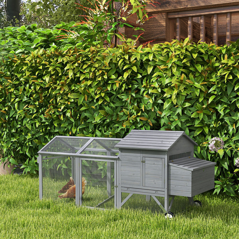 HKM-1702845 Portable 96.5" Wooden Chicken Coop with Nesting Box and Wheels for Outdoor Use, Gray