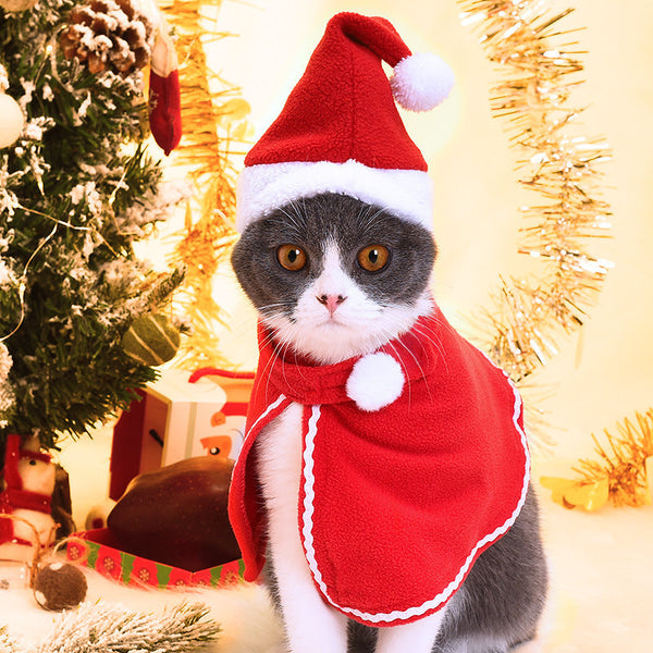 HKM-1703357 Pet Santa Cloak and Hat Set for Cats and Dogs - Red Polyester Costume for Christmas and Special Occasions