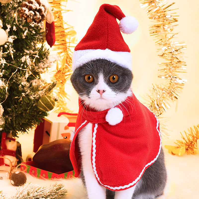 HKM-1703357 Pet Santa Cloak and Hat Set for Cats and Dogs - Red Polyester Costume for Christmas and Special Occasions