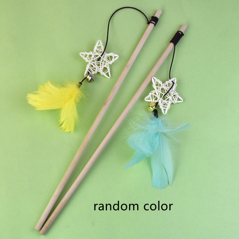 HKM-1703997 Wooden Cat Teaser Stick with Feather Ball and Star Toys