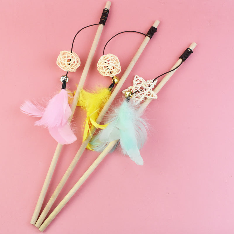 HKM-1703997 Wooden Cat Teaser Stick with Feather Ball and Star Toys