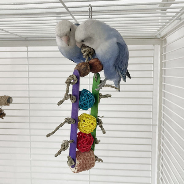 HKM-1707581 Corn Cob and Wood Parrot Bite Toy with Colorful Sequins and Vines