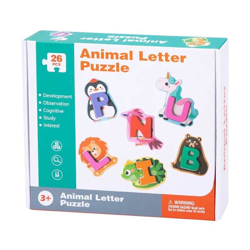 HKM-170835 Children's Wooden Animal Letter Puzzle - 26 Pcs Alphabet Matching Blocks for Educational Play