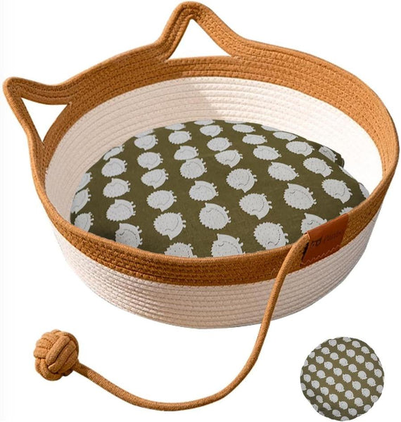 HKM-170899 Hand Woven Cat Bed with Toy Tail - Natural Cotton Linen Kitten House and Scratch Pad for Small Breeds, Breathable and Durable