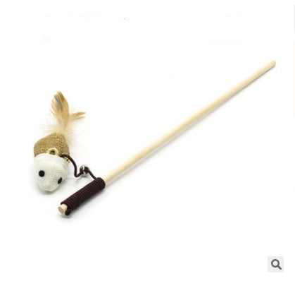 HKM-1709757 Wooden Cat Stick Toy with Hemp Feather Rope and Bell for Playful Kittens
