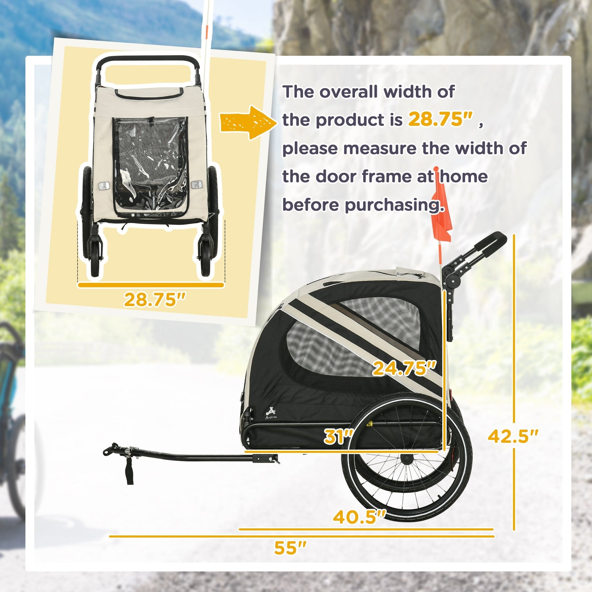 HKM-1710397 2-in-1 Pet Bike Trailer and Stroller for Small Dogs, Weather-Resistant Carrier with Safety Flag and Reflector