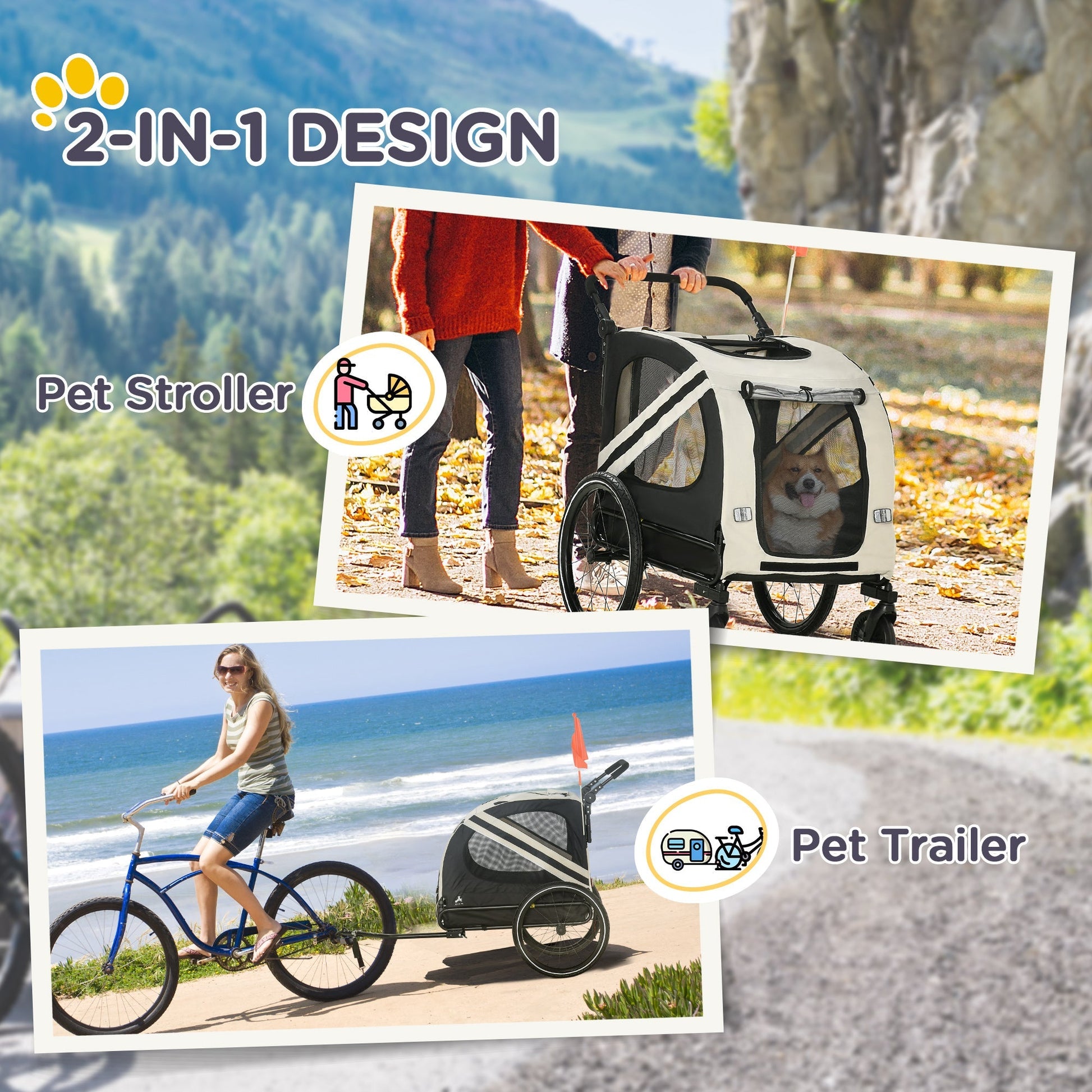 HKM-1710397 2-in-1 Pet Bike Trailer and Stroller for Small Dogs, Weather-Resistant Carrier with Safety Flag and Reflector