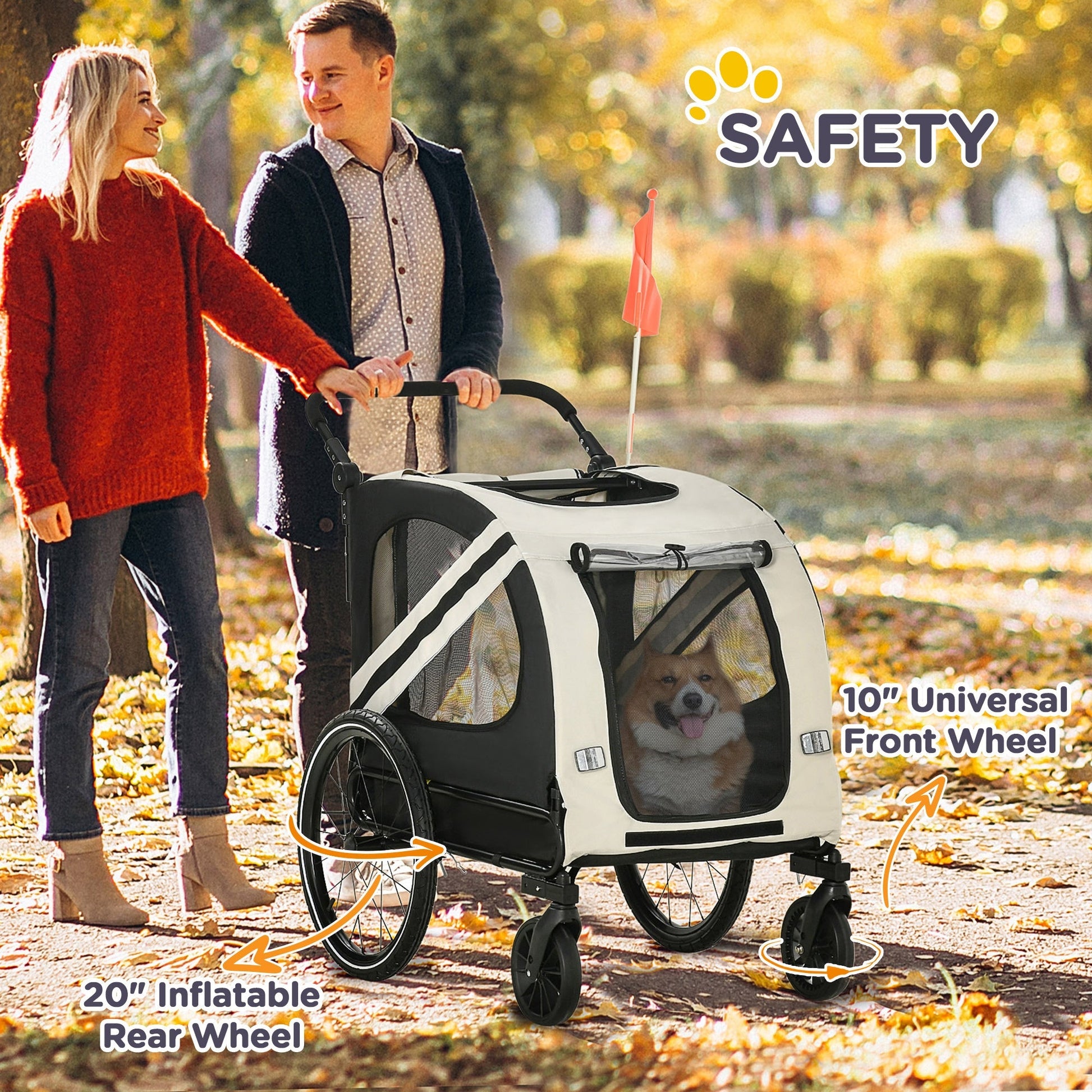 HKM-1710397 2-in-1 Pet Bike Trailer and Stroller for Small Dogs, Weather-Resistant Carrier with Safety Flag and Reflector