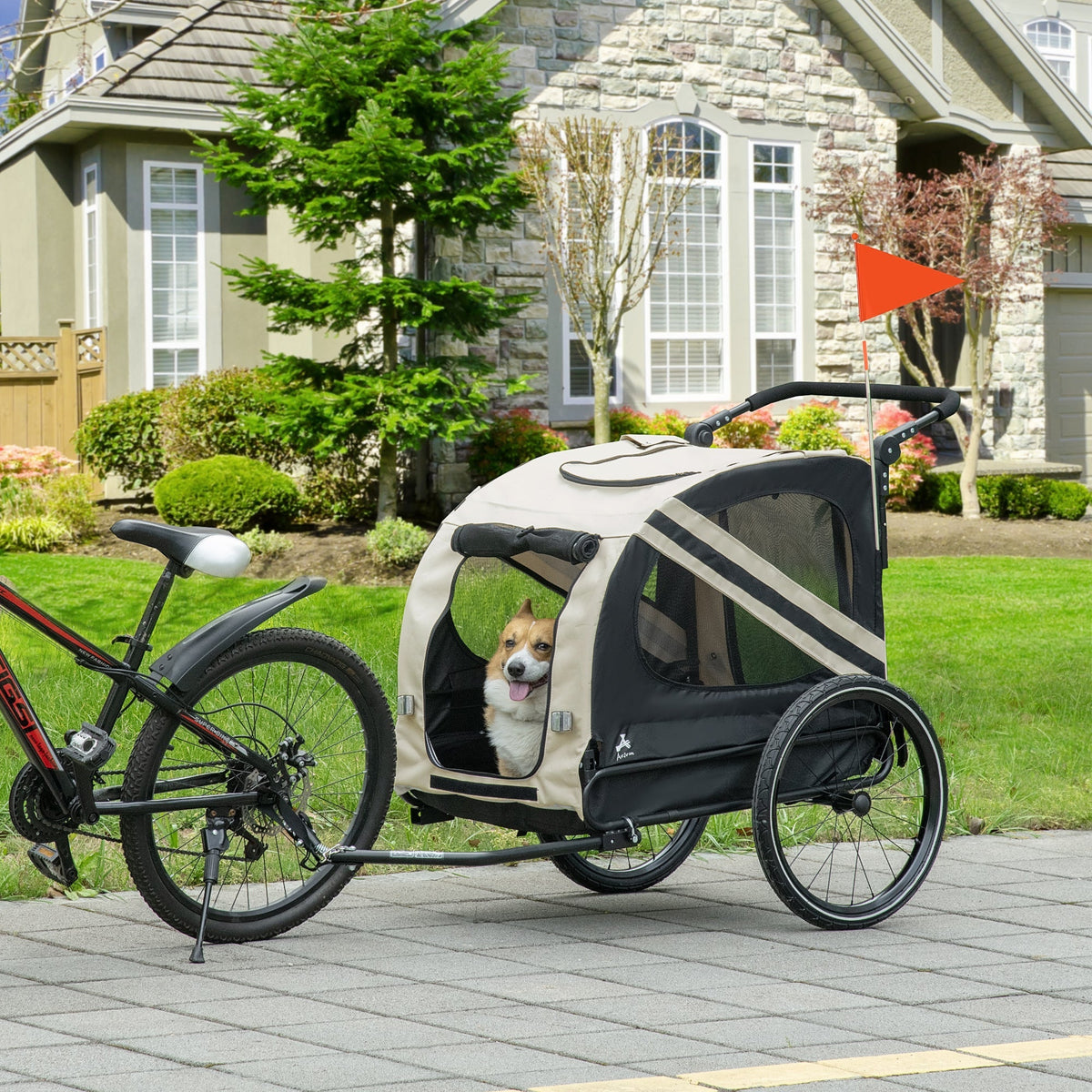 HKM-1710397 2-in-1 Pet Bike Trailer and Stroller for Small Dogs, Weather-Resistant Carrier with Safety Flag and Reflector