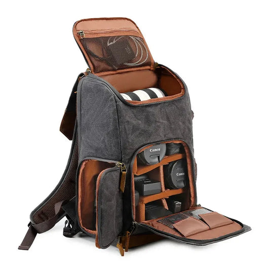 HKM-171411 Retro Waterproof Photography Backpack for Outdoor Travel and Laptop, Oil Wax Canvas Design