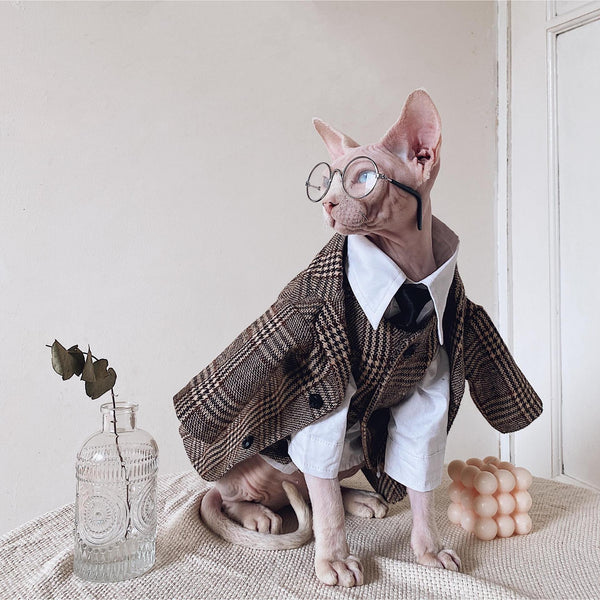 HKM-1720125 Sphinx Cat Outfit with Camel Plaid Jacket, Vest, and Shirts in Multiple Sizes