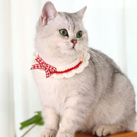 HKM-1722429 Hand-Woven Wool Cat Collar Bib in Red, Blue, Pink - XS to L Sizes Available