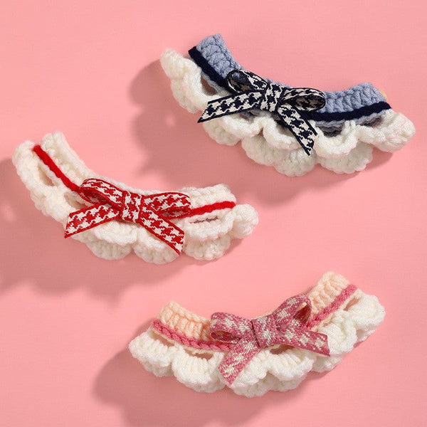 HKM-1722429 Hand-Woven Wool Cat Collar Bib in Red, Blue, Pink - XS to L Sizes Available