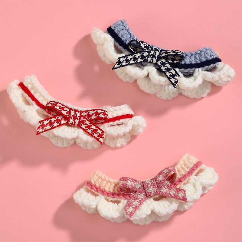 HKM-1722429 Hand-Woven Wool Cat Collar Bib in Red, Blue, Pink - XS to L Sizes Available