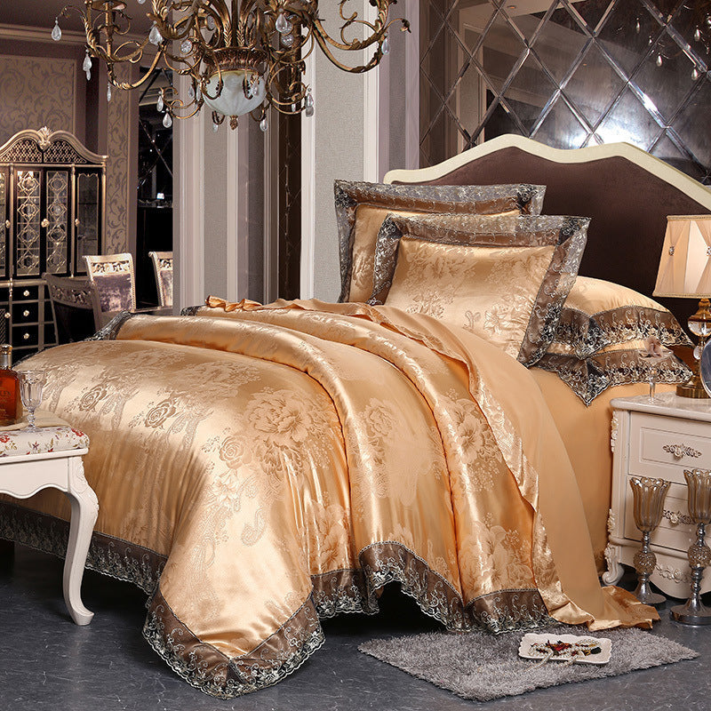 HKM-172691 Four-Piece Romantic Lace Cotton Bedding Set with Jacquard Satin Design