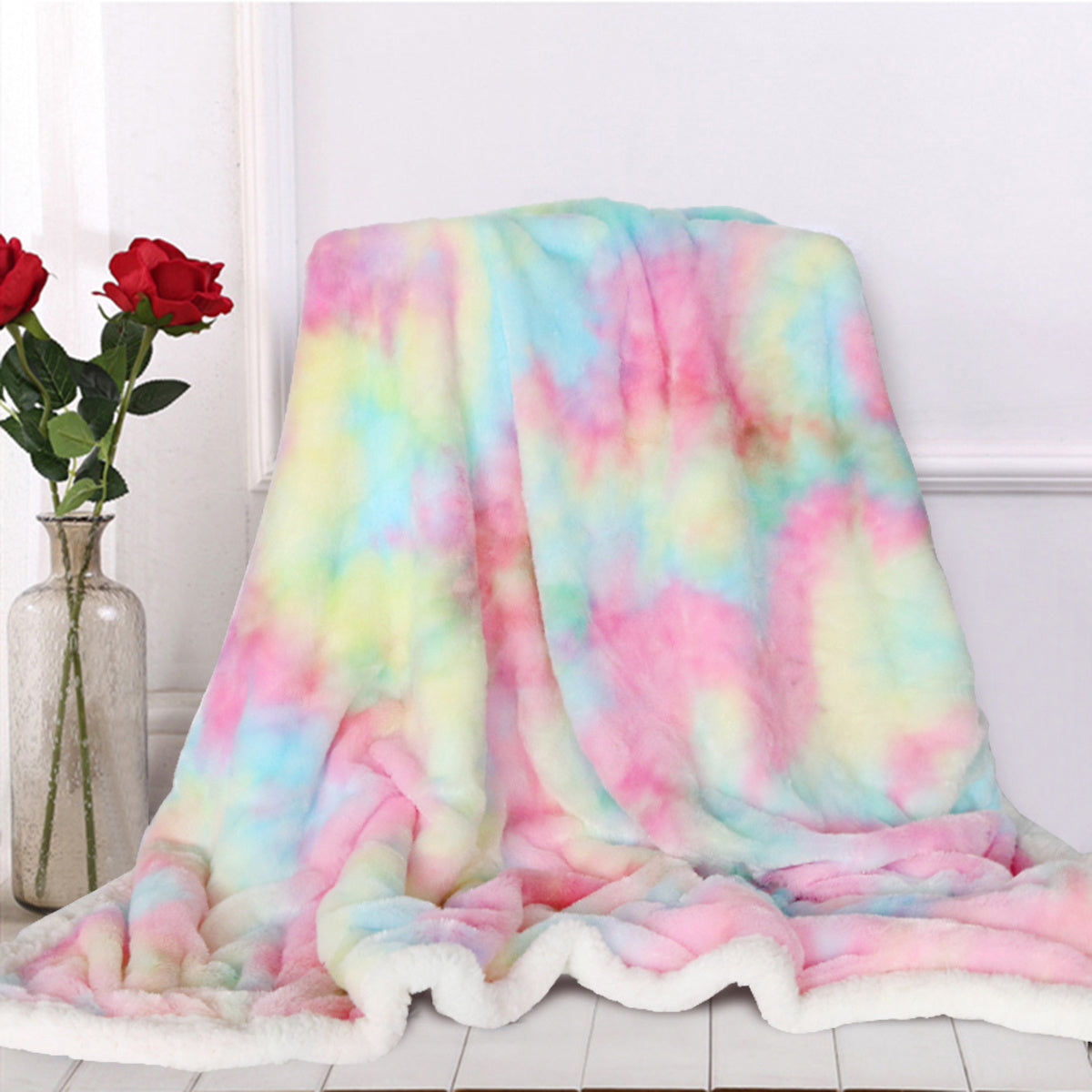 HKM-172691 Ultra Soft Rainbow Faux Fur Blanket – Microfiber Sherpa for Couch and Bed, 130x160cm/160x200cm