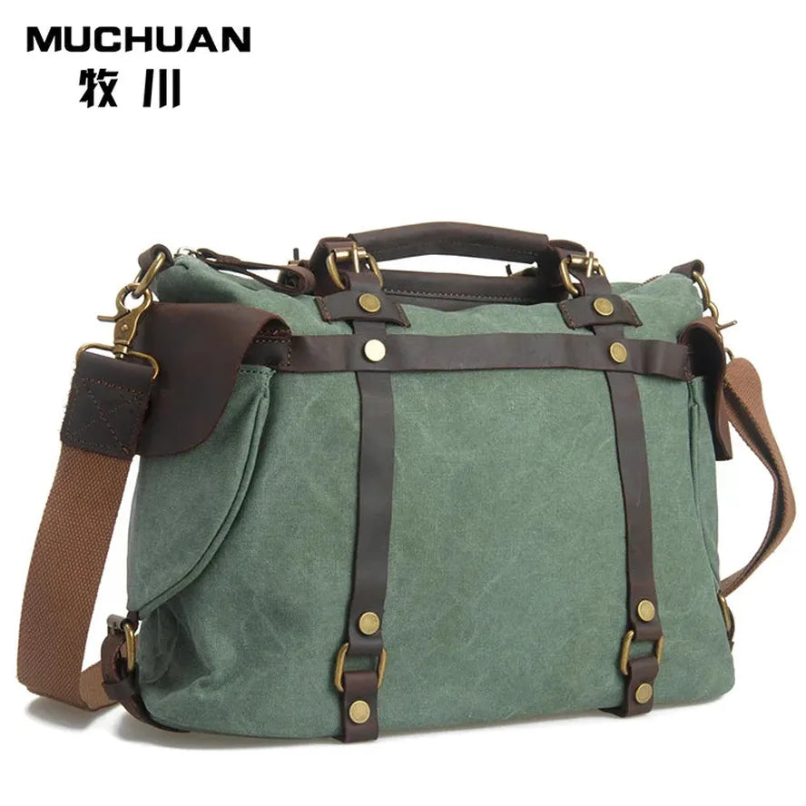 HKM-172755 High Capacity Canvas Crossbody Bag with Cowhide Trim for Leisure and Laptop Use