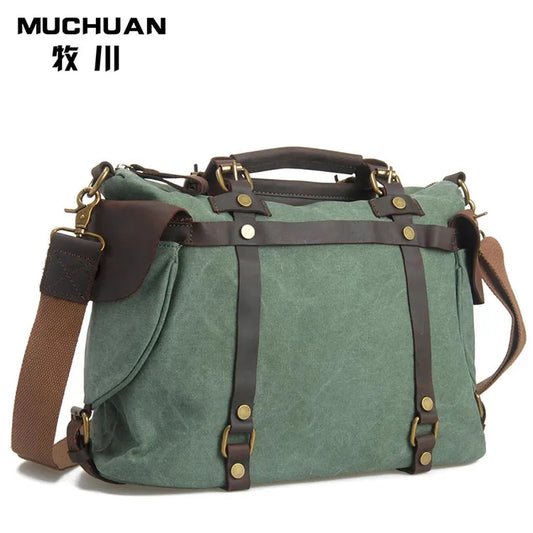 HKM-172755 High Capacity Canvas Crossbody Bag with Cowhide Trim for Leisure and Laptop Use