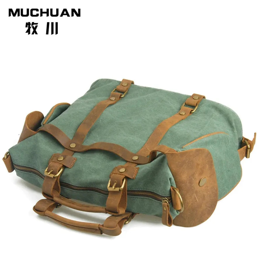 HKM-172755 High Capacity Canvas Crossbody Bag with Cowhide Trim for Leisure and Laptop Use