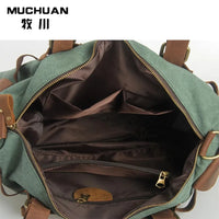 HKM-172755 High Capacity Canvas Crossbody Bag with Cowhide Trim for Leisure and Laptop Use