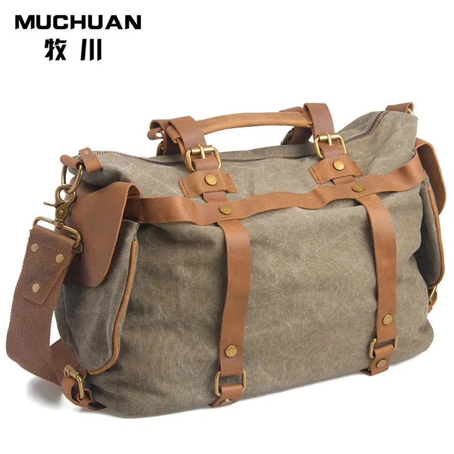 HKM-172755 High Capacity Canvas Crossbody Bag with Cowhide Trim for Leisure and Laptop Use