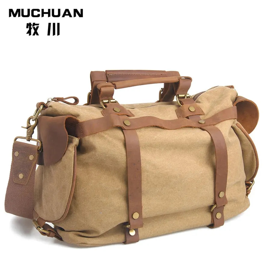 HKM-172755 High Capacity Canvas Crossbody Bag with Cowhide Trim for Leisure and Laptop Use