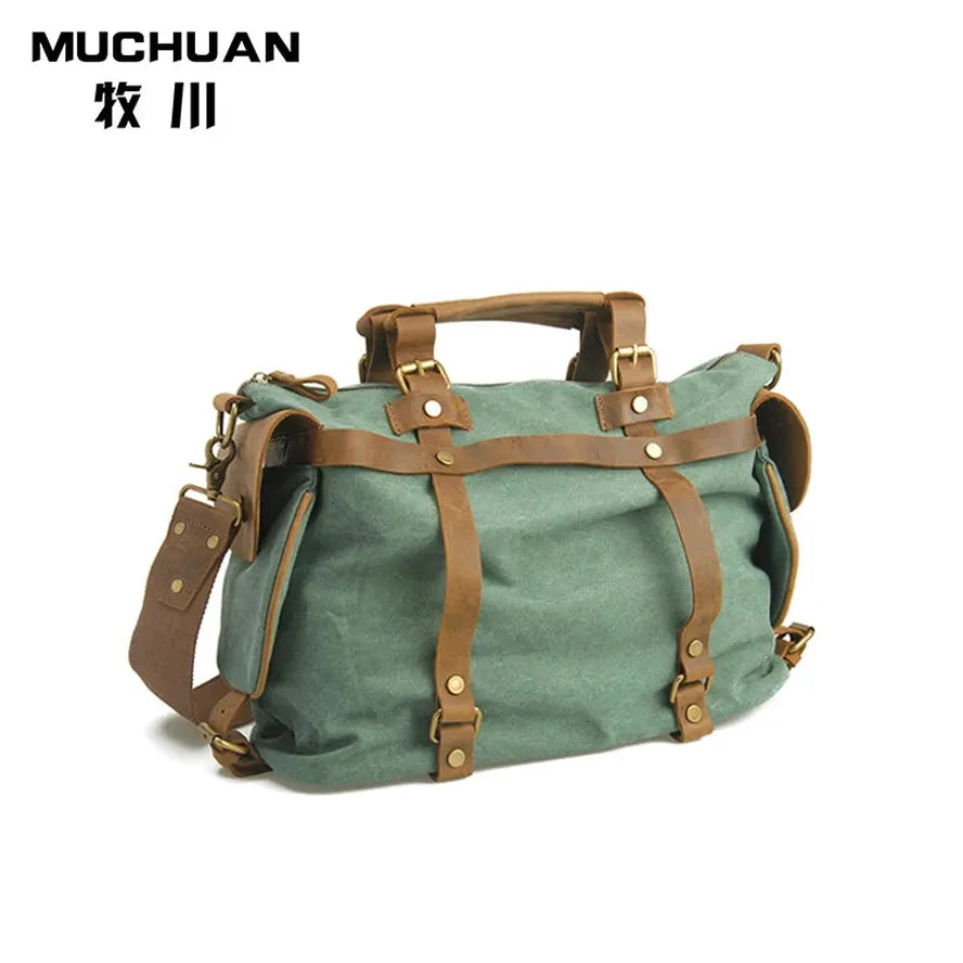 HKM-172755 High Capacity Canvas Crossbody Bag with Cowhide Trim for Leisure and Laptop Use