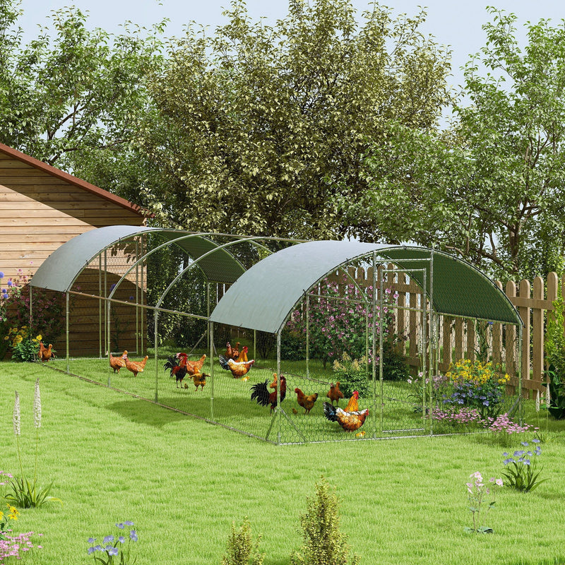 HKM-1729853 Large Metal Chicken Coop with Waterproof Cover for Outdoor Use - 9.2' x 31.2' x 6.5'