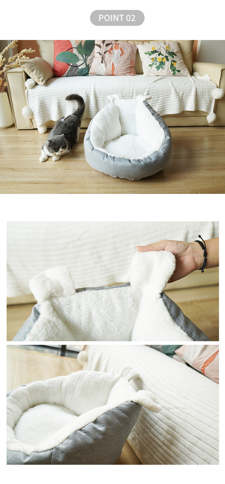 HKM-1730237 Comfortable Gray Enclosed Space Capsule Cat House - Soft Cloth Pet Bed with Litter Included