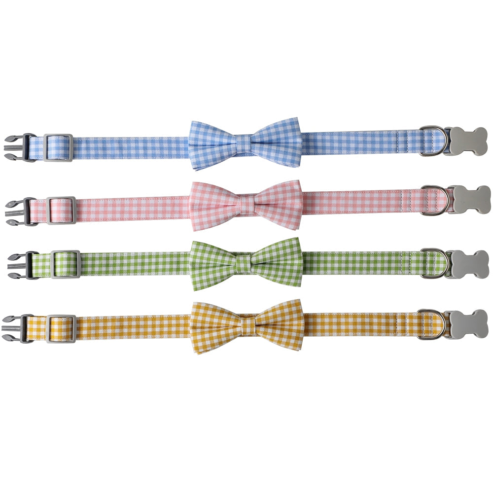 HKM-1733949 Checkered Cotton Polyester Dog Collar with Bow Tie - Multiple Colors Available