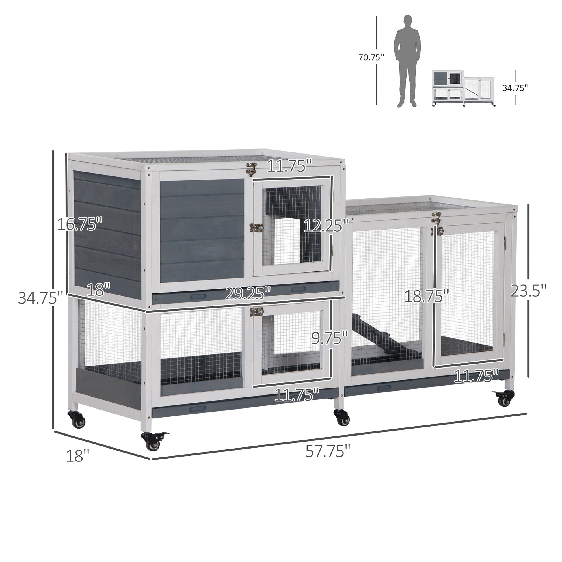 HKM-1735613 Elevated Wooden Rabbit Hutch with Lockable Doors and Openable Top for Small Animals, Indoor/Outdoor Habitat, 57.75" x 18" x 32.5" Gray