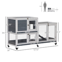 HKM-1735613 Elevated Wooden Rabbit Hutch with Lockable Doors and Openable Top for Small Animals, Indoor/Outdoor Habitat, 57.75" x 18" x 32.5" Gray