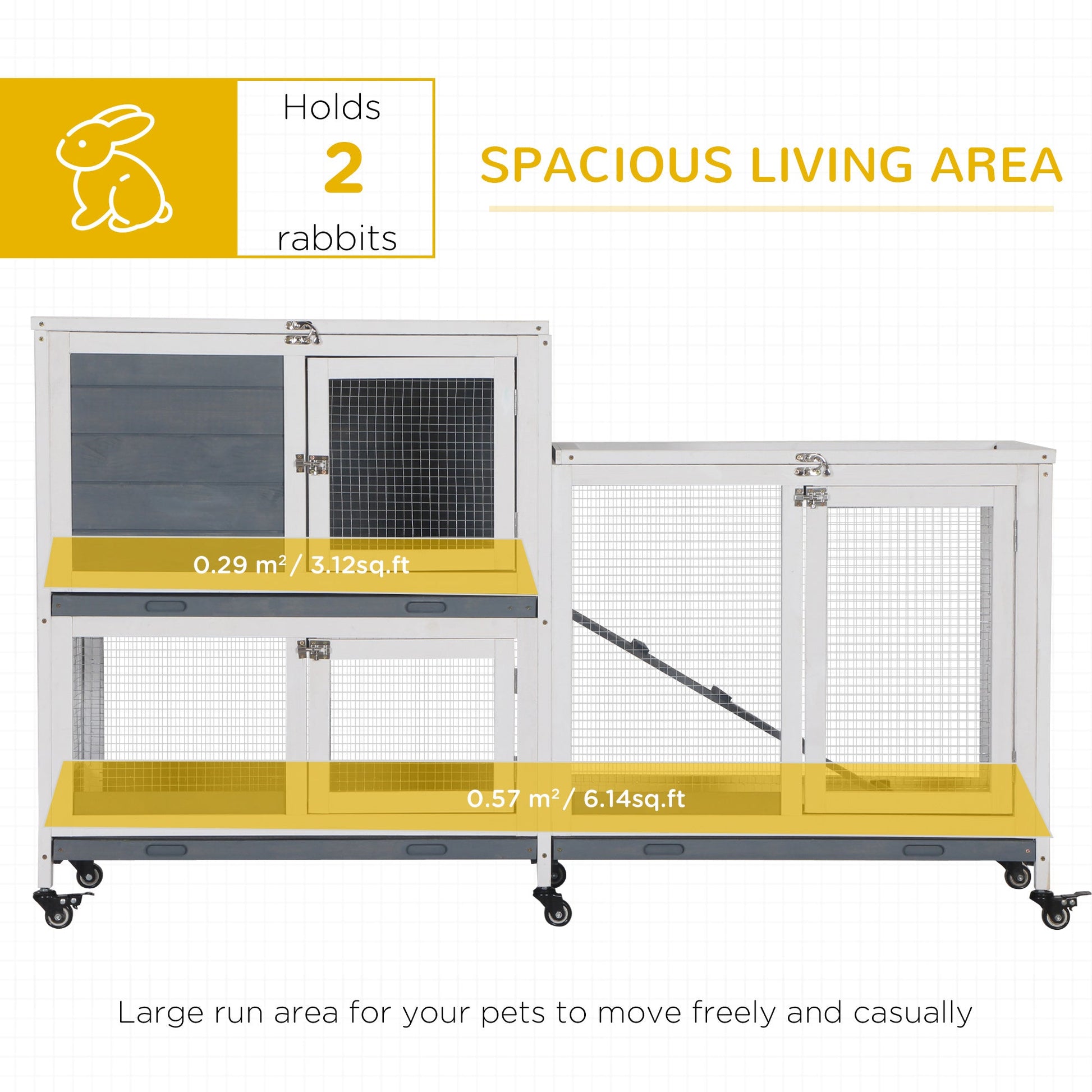 HKM-1735613 Elevated Wooden Rabbit Hutch with Lockable Doors and Openable Top for Small Animals, Indoor/Outdoor Habitat, 57.75" x 18" x 32.5" Gray