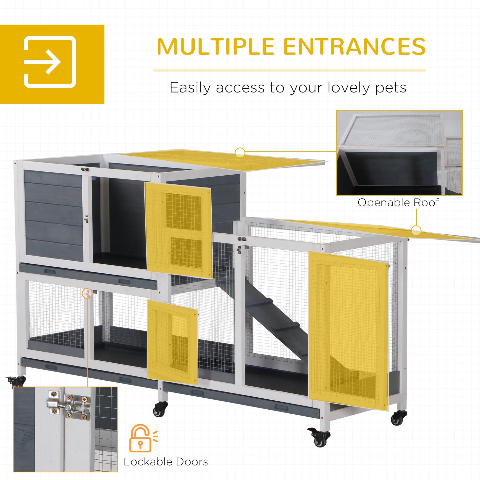 HKM-1735613 Elevated Wooden Rabbit Hutch with Lockable Doors and Openable Top for Small Animals, Indoor/Outdoor Habitat, 57.75" x 18" x 32.5" Gray