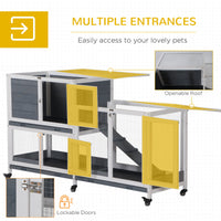 HKM-1735613 Elevated Wooden Rabbit Hutch with Lockable Doors and Openable Top for Small Animals, Indoor/Outdoor Habitat, 57.75" x 18" x 32.5" Gray