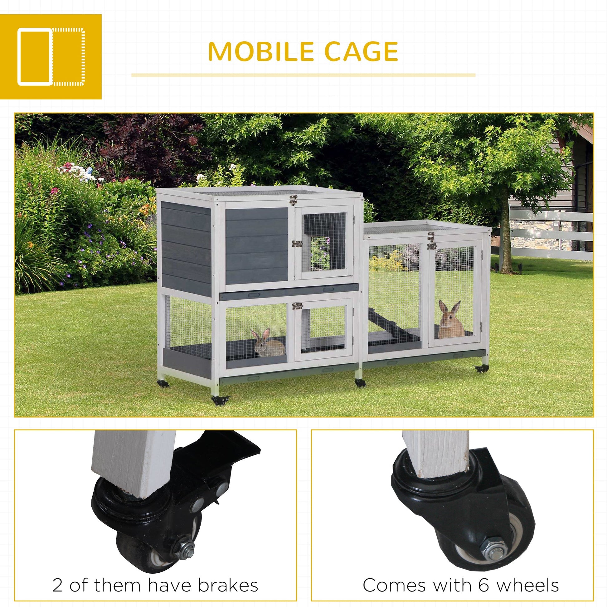 HKM-1735613 Elevated Wooden Rabbit Hutch with Lockable Doors and Openable Top for Small Animals, Indoor/Outdoor Habitat, 57.75" x 18" x 32.5" Gray