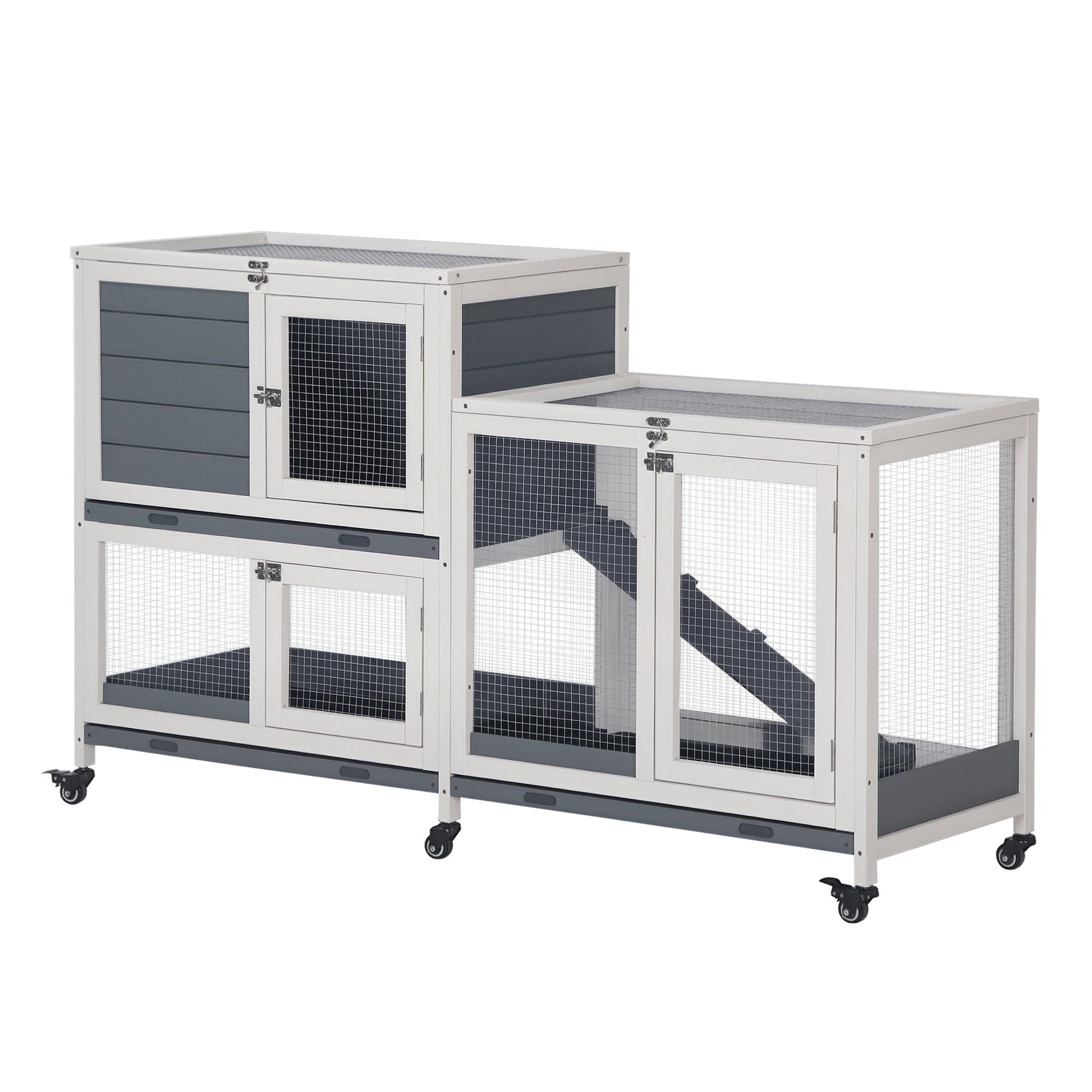 HKM-1735613 Elevated Wooden Rabbit Hutch with Lockable Doors and Openable Top for Small Animals, Indoor/Outdoor Habitat, 57.75" x 18" x 32.5" Gray