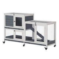 HKM-1735613 Elevated Wooden Rabbit Hutch with Lockable Doors and Openable Top for Small Animals, Indoor/Outdoor Habitat, 57.75" x 18" x 32.5" Gray
