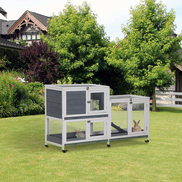 HKM-1735613 Elevated Wooden Rabbit Hutch with Lockable Doors and Openable Top for Small Animals, Indoor/Outdoor Habitat, 57.75" x 18" x 32.5" Gray
