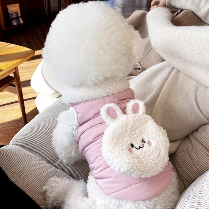 HKM-1736381 Cotton-Padded Coat for Small Dogs in White Bear and Pink Rabbit Designs