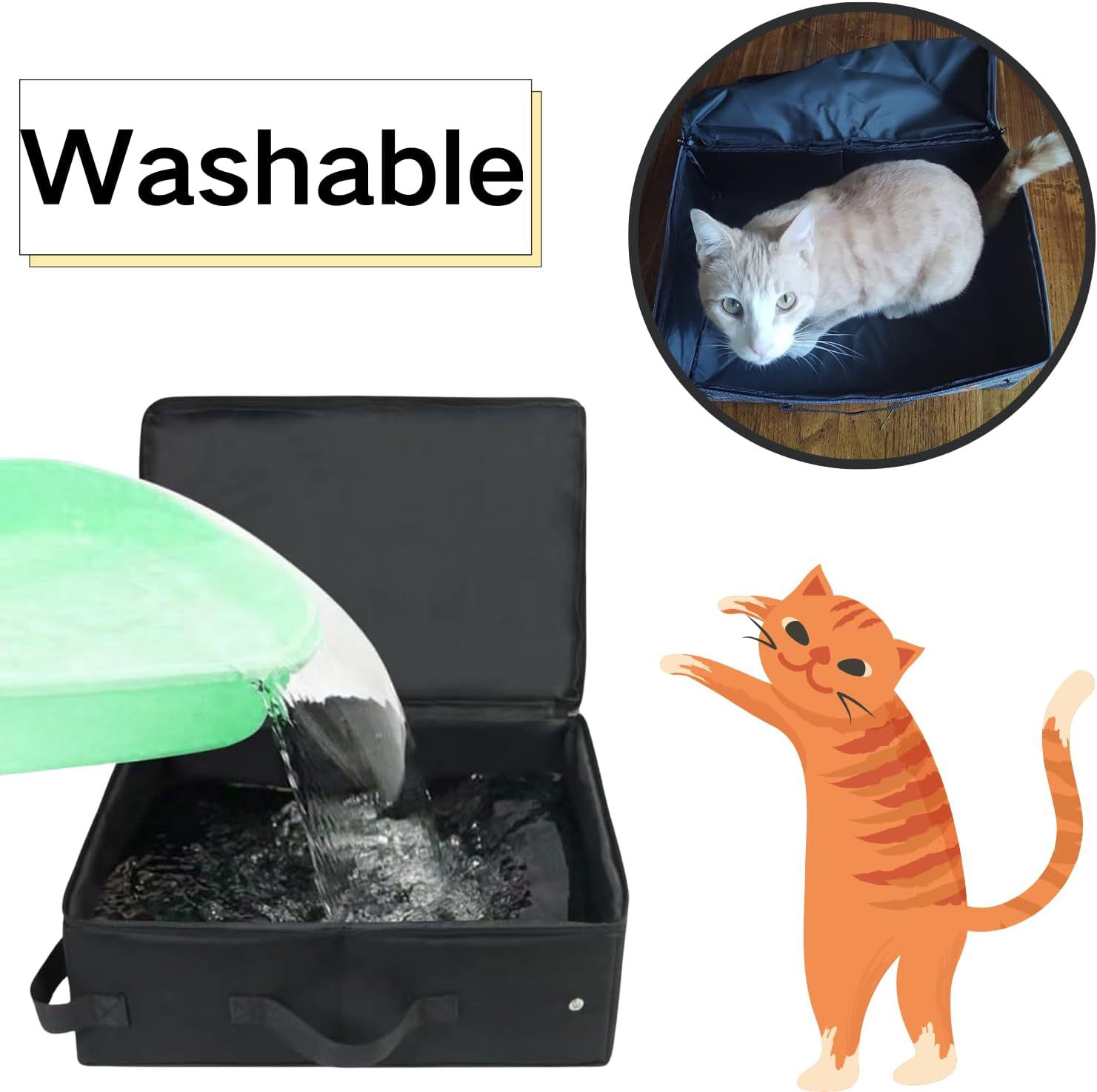 HKM-1737405 Foldable Cat Litter Box - Portable 600D Oxford Cloth Design in Black, 40x30x15cm Open Size