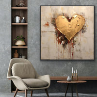 HKM-173779 Hand-Painted Abstract Canvas Oil Painting with Golden Foil Heart Design