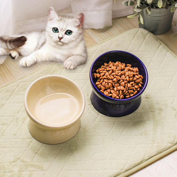HKM-1737917 Ceramic Cat Bowl with Neck Guard - Available in Blue, Yellow Snowflakes, Beige Snowflakes, and Leopard Print