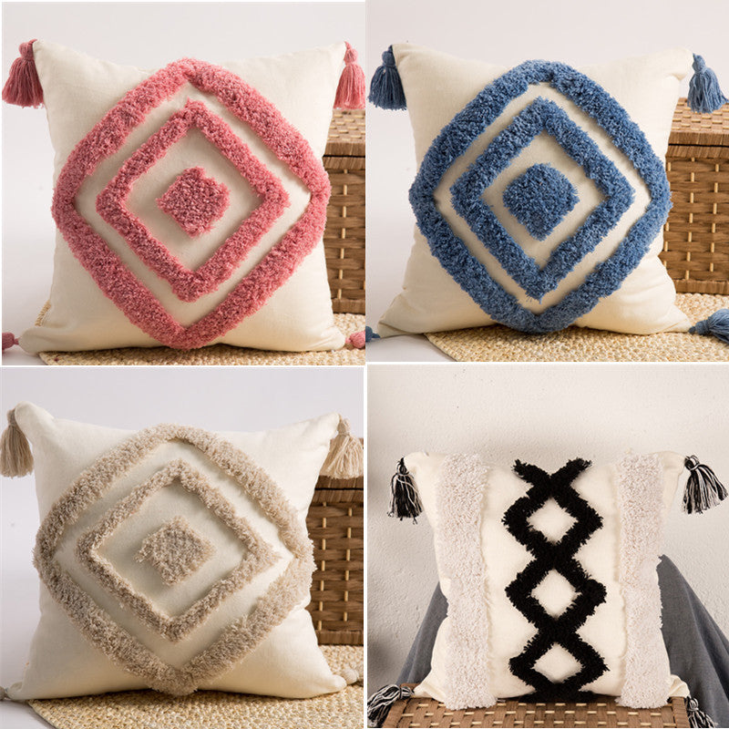 HKM-173971 Nordic Cotton Tufted Embroidered Square Pillow with Grid Pattern and Tassels, Available in Various Colors