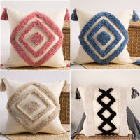 HKM-173971 Nordic Cotton Tufted Embroidered Square Pillow with Grid Pattern and Tassels, Available in Various Colors