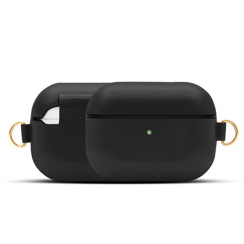HKM-174035 Genuine Leather Protective Earphone Case with Metal Ring for Wireless Charging Compatibility